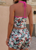 Sexy Lace-Up Halter Neck Contrast Color Camisole Slim Shorts Two-Piece Set