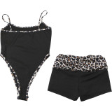 Sexy Jumpsuit Suspenders Leopard Print Tight Bottoming Shorts Set