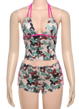 Sexy Lace-Up Halter Neck Contrast Color Camisole Slim Shorts Two-Piece Set