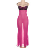 Sexy Mesh See-through Lace Splicing V-neck Slim Suspender Dress