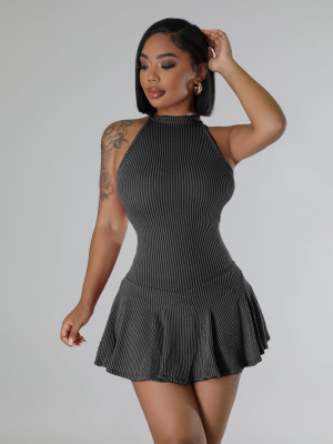 Women's Solid Color Round Neck Sleeveless Pleated Mini Dress