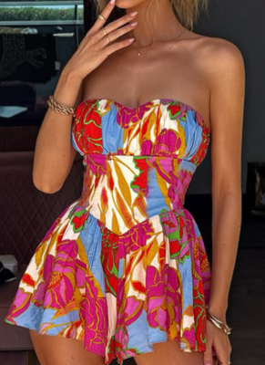 Fashionable Sexy Tube Top Waist Backless Printed Dress