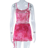 Fashion Print Sexy Camisole Vest Slit Skirt Two-piece Set