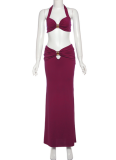 Solid Color Sexy Halter Neck Wrap Chest High Waist Slim Fit Long Skirt Two Piece Set