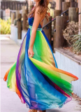Sexy Suspender Deep V Rainbow Chiffon Suspender Dress
