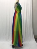 Sexy Suspender Deep V Rainbow Chiffon Suspender Dress