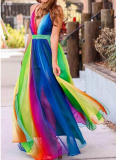 Sexy Suspender Deep V Rainbow Chiffon Suspender Dress