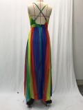 Sexy Suspender Deep V Rainbow Chiffon Suspender Dress