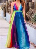 Sexy Suspender Deep V Rainbow Chiffon Suspender Dress