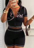 Fashionable Printed Contrast Color Hooded Top And Shorts Two-Piece Suit For Women