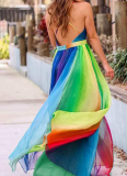 Sexy Suspender Deep V Rainbow Chiffon Suspender Dress