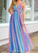 Sexy Suspender Deep V Rainbow Chiffon Suspender Dress