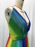 Sexy Suspender Deep V Rainbow Chiffon Suspender Dress
