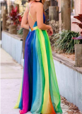 Sexy Suspender Deep V Rainbow Chiffon Suspender Dress