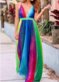 Sexy Suspender Deep V Rainbow Chiffon Suspender Dress