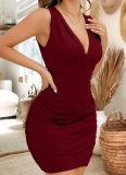Solid Color V-Neck Slim Fit Pleated Sexy Slim Fit Hip Dress For Women