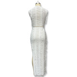Sexy V-neck Fringe Top With Hip-hugging High-slit Skirt Two-piece Suit