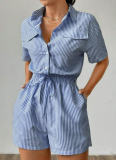 Women'S Striped Button Casual Short-Sleeved Waist Jumpsuit