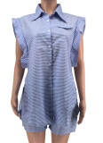 New Fashion Striped Lapel Sleeveless Shirt Shorts Two-Piece Suit For Women