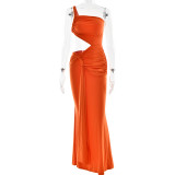 Sexy One-shoulder Halter-back Tube Top Pleated Long Dress