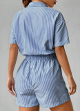 Women'S Striped Button Casual Short-Sleeved Waist Jumpsuit