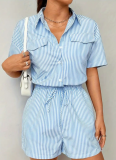 Women'S Striped Button Casual Short-Sleeved Waist Jumpsuit