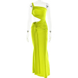 Sexy One-shoulder Halter-back Tube Top Pleated Long Dress