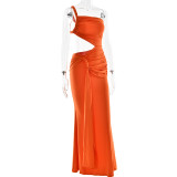 Sexy One-shoulder Halter-back Tube Top Pleated Long Dress