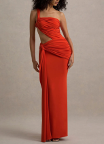 Sexy One-shoulder Halter-back Tube Top Pleated Long Dress