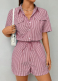 Women'S Striped Button Casual Short-Sleeved Waist Jumpsuit