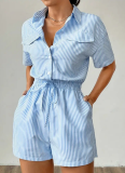 Women'S Striped Button Casual Short-Sleeved Waist Jumpsuit