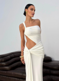 Sexy One-shoulder Halter-back Tube Top Pleated Long Dress