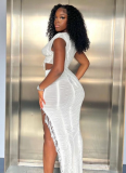 Sexy V-neck Fringe Top With Hip-hugging High-slit Skirt Two-piece Suit
