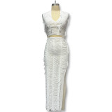 Sexy V-neck Fringe Top With Hip-hugging High-slit Skirt Two-piece Suit