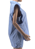 New Fashion Striped Lapel Sleeveless Shirt Shorts Two-Piece Suit For Women