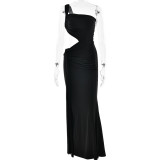 Sexy One-shoulder Halter-back Tube Top Pleated Long Dress