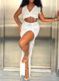 Sexy V-neck Fringe Top With Hip-hugging High-slit Skirt Two-piece Suit