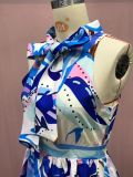 Fashionable Chiffon Suspender Blue High Waist Temperament Printed Dress