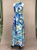 Fashionable Chiffon Suspender Blue High Waist Temperament Printed Dress