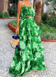 Sexy Suspender Top and Lotus Leaf Long Skirt Two Piece Set