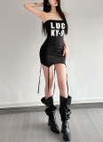 Fashion Letter Print Slim Fit One Shoulder Dress