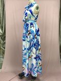Fashionable Chiffon Suspender Blue High Waist Temperament Printed Dress