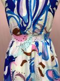 Fashionable Chiffon Suspender Blue High Waist Temperament Printed Dress