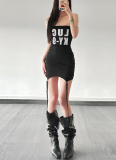 Fashion Letter Print Slim Fit One Shoulder Dress