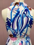 Fashionable Chiffon Suspender Blue High Waist Temperament Printed Dress