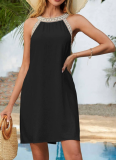 Hot-selling Hollow Lace Stitching Sleeveless Solid Color A-line Dress