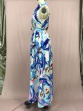 Fashionable Chiffon Suspender Blue High Waist Temperament Printed Dress