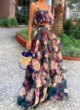 Sexy Suspender Top and Lotus Leaf Long Skirt Two Piece Set