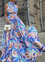 Fashionable Chiffon Suspender Blue High Waist Temperament Printed Dress