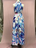 Fashionable Chiffon Suspender Blue High Waist Temperament Printed Dress